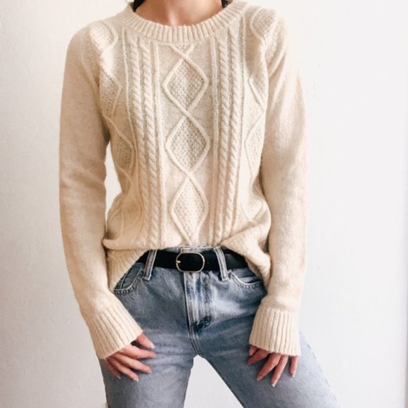 Woolrich Sweaters - Woolrich Cream Cable Knit Fisherman Crew Neck Wool Mohair Blend Sweater Large
